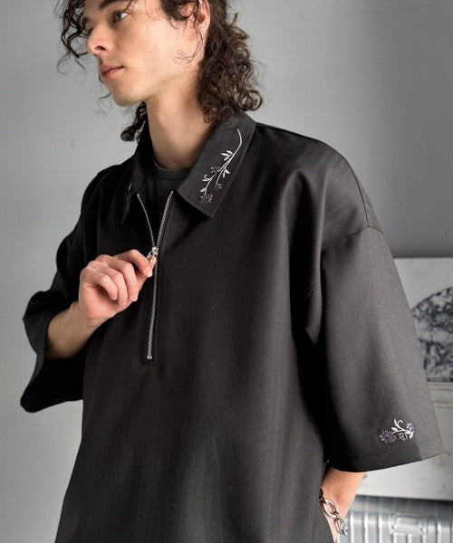 「高見え確定。」刺繍デザインジップシャツ／Embroidered Design Zip Shirt co1010043