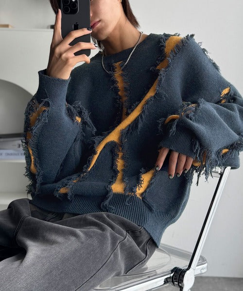 【classical origin】「着るだけで、印象派」。フリンジデザイン配色オーバーサイズニット（長袖）/Fringe design oversized long sleeve knit ao1260444