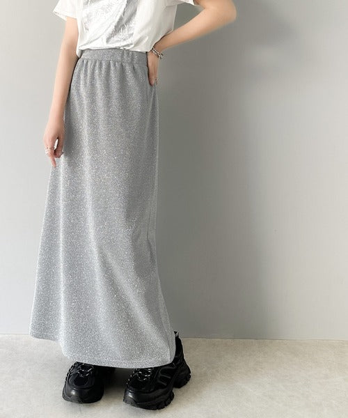 【mily bilet】華やかで上品。バックスリットIラインラメロングスカート mi1149056