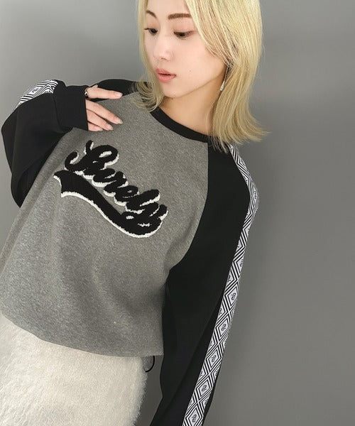 【mily bilet】ジャガードテープ使いで大人カジュアル。サガラ刺繍ドロスト付き裏起毛ラグランスウェット mi1359001