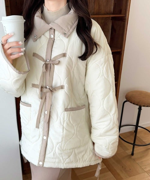 【mily bilet】フェミニンに着こなせる秋冬アウター。リボン使いパイピング配色キルティングモンスターコート mi1019060