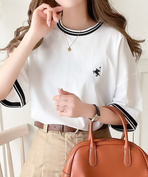 《JaVa ジャバコラボ》大人スポーティー。綿100%シルケット 配色刺繍Tシャツ jv1050074