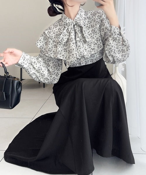 【mily bilet】クラシカルで華やか。小花柄リボンタイ使いドッキングワンピース mi1139048