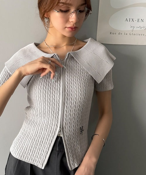 【mily bilet】抜け感レディースタイル。ロゴ刺繍オフショル２WAYダブルジップケーブル柄サマーニット（半袖） mi1029121