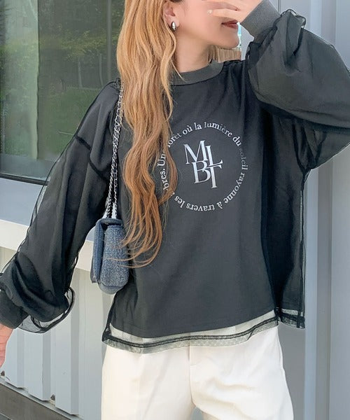 【mily bilet】デイリーからお出かけまであらゆるシーンに大活躍！箔プリントチュール重ねロングTシャツ mi1019058