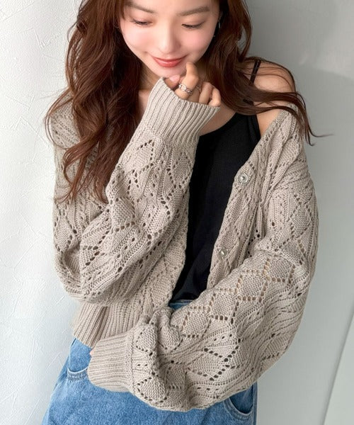 着るたび、雰囲気美人。前後2way格子柄透かし編みショート丈ニットカーディガン（長袖） ce1260448