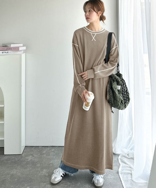 《JaVaジャバコラボ》後姿が可愛い◎配色ステッチワッフルロングワンピース（長袖） jv1260504