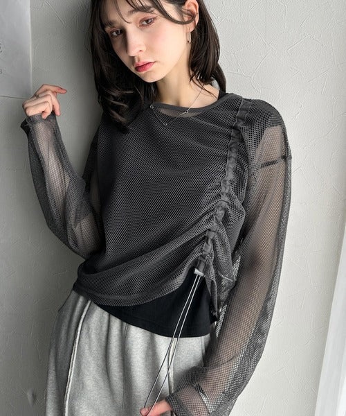 《JaVa ジャバコラボ》大人上級スタイル。メッシュレイヤードバックプリントシャーリングトップス (インナータンクトップセット) jv1260403