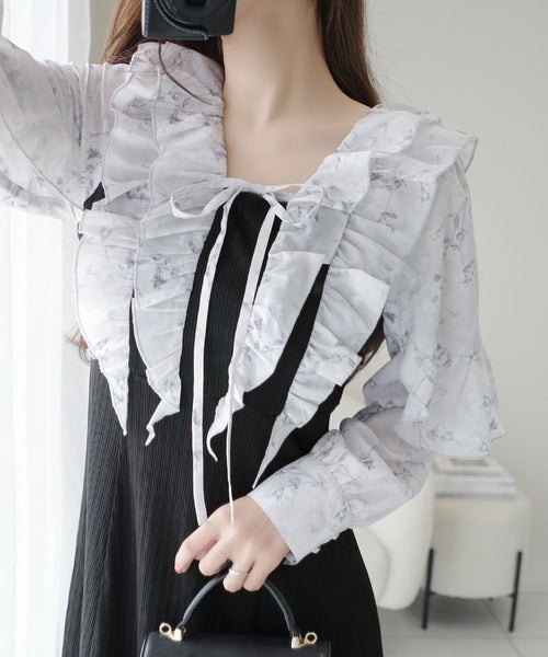 【mily bilet】上品にスタイルアップ。シャイニー花柄フリルブラウスドッキングワンピース mi1139093