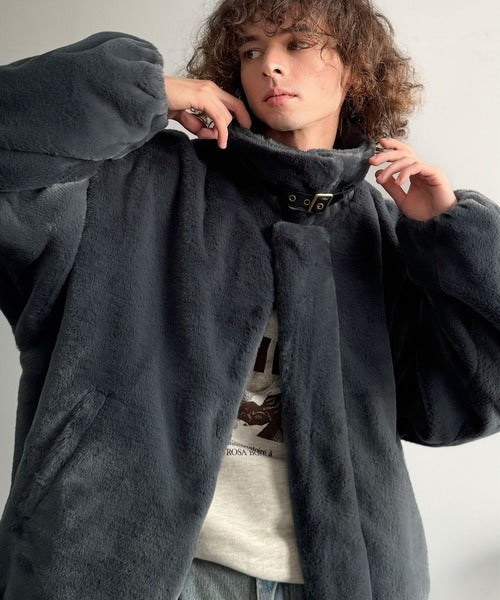 【Classical Origin】「3wayアレンジ可能。」ベルト襟フェイクファー素材ジャケット／Belted Collar Faux Fur Jacket co1150080