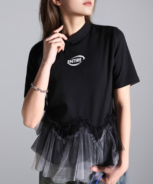 甘さの中にカジュアル要素も取り入れた1枚。チュールフリルモックネックTシャツ ce1010304