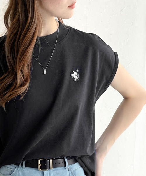 大人女子の上品ベーシック。綿100％シルケットモックネックフレンチTシャツ(刺繍) ce1260395