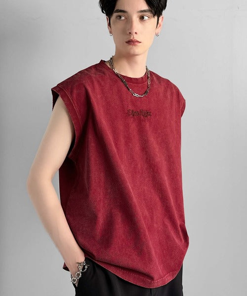 「1枚で主役。」紐刺繍スノーウォッシュ加工ノースリーブTシャツ／String Embroidery Snow-Washed Sleeveless T-Shirt co1150032