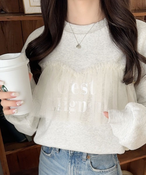 【mily bilet】おしゃれと快適さを同時に叶える。チュール切り替え箔プリント裏起毛スウェット mi1359002