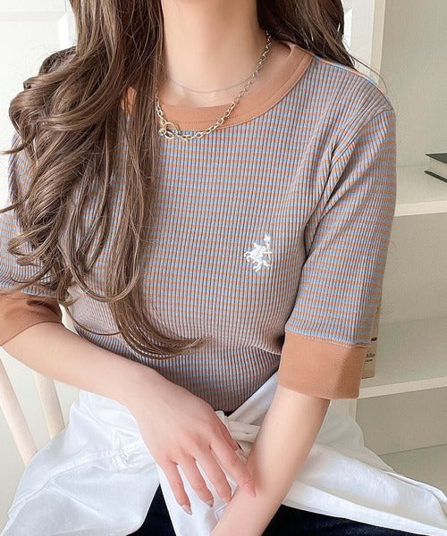 大人可愛いの新定番。袖リンガーボートネック胸刺繍ボーダーTシャツ（半袖） ce1260419