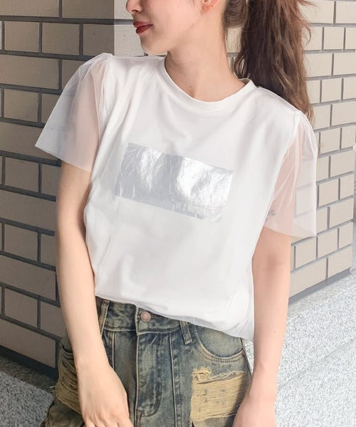 【mily bilet】1枚で上級お洒落style。チュール重ね着風シルバー箔プリントTシャツ mi1149050