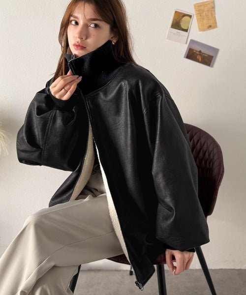 《JaVaジャバコラボ》気分に合わせて変化を楽しむ。2wayフェイクレザー×ボアリバーシブルブルゾン jv1010525