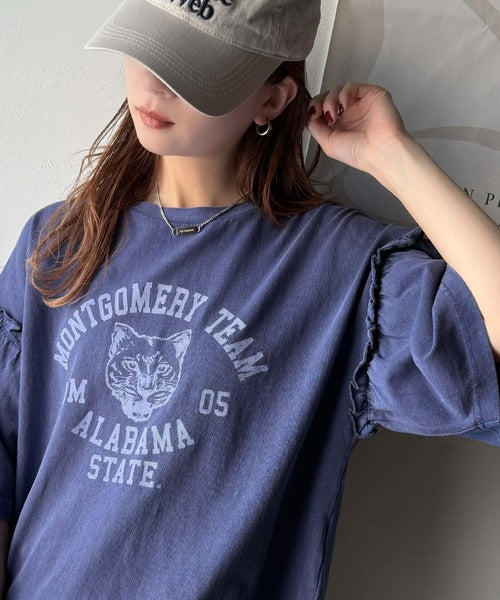 レディなヴィンテージスタイル。綿100％カレッジピグメント袖フリルTシャツ ce1020221