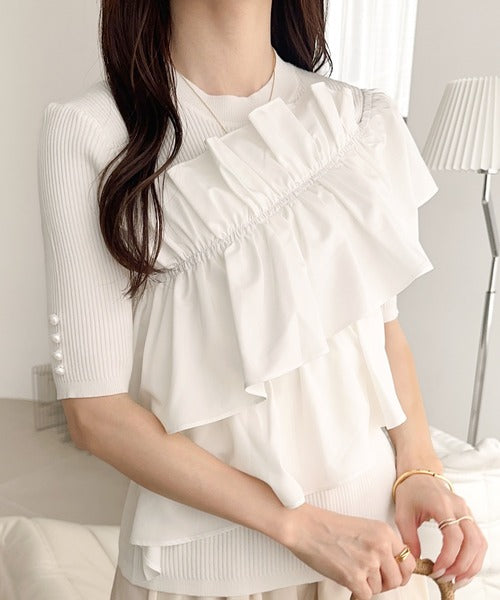【mily bilet】大人の華やかな旬スタイル。パールボタンフリル使いサマーニット（半袖） mi1139080