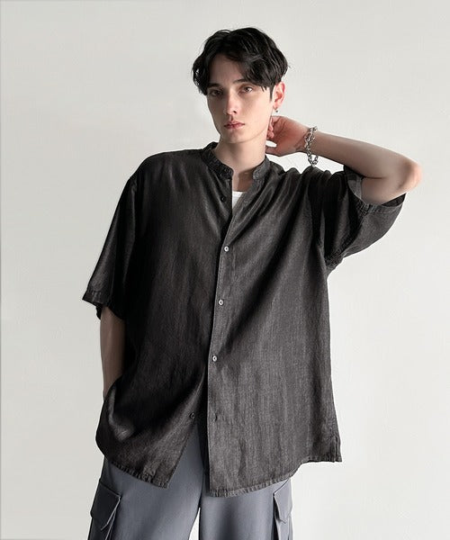 Rayon Denim Band Collar Relaxed Shirt／ヴィンテージ加工ルーズフィットデニムシャツ co1150011