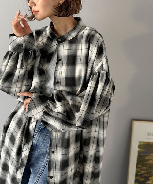 着方自在でロングシーズン活躍◎柄アソートバンドカラービッグシャツワンピ ce1010478