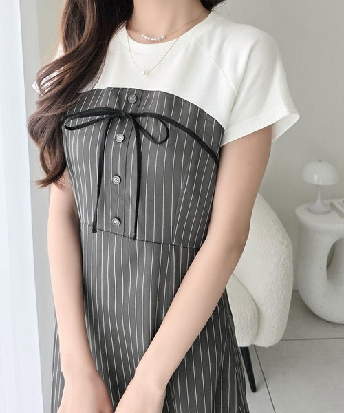 【mily bilet】こなれ感抜群の最旬レイヤード。Tシャツレイヤード風 ストライプドッキング フレアワンピース (ロング丈) mi1019129