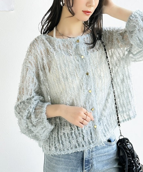 【mily bilet】上質なフェザー素材が生み出す。ふんわり感が魅力の前後2WAYシアーフリンジチュールカーディガン（長袖） mi1019070