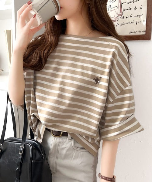 【sustaina+】ラフにキマる大人スタイル。オーガニックコットン100%オーバーサイズパネルボーダーTシャツ(半袖) ce1260324