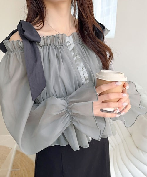 【mily bilet】大人愛され甘め主役級トップス。肩リボンオフショル２WAYオーガンジーブラウス(長袖) mi1359008