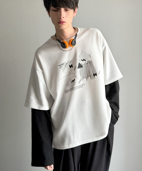 【Classical Origin】幾何学柄ポンチ素材レイヤードTシャツ(長袖)／Geometric Pattern Ponte Layered T-Shirt co1150050