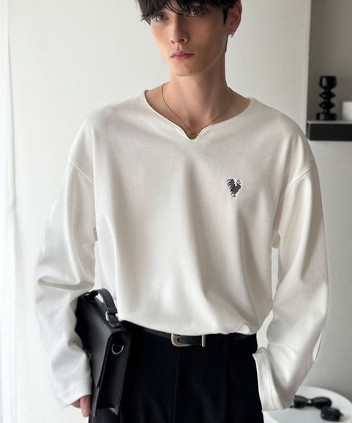 【Classical Origin】「着心地と、上質感と。」Soft Ponte V-Neck T-Shirt／ポンチ素材Vネック胸刺繍Tシャツ（長袖） co1150049