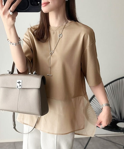 春夏に涼しさ引き立てる透け感が◎裾シアー切り替えライトダンボール半袖Tシャツ ce1110116