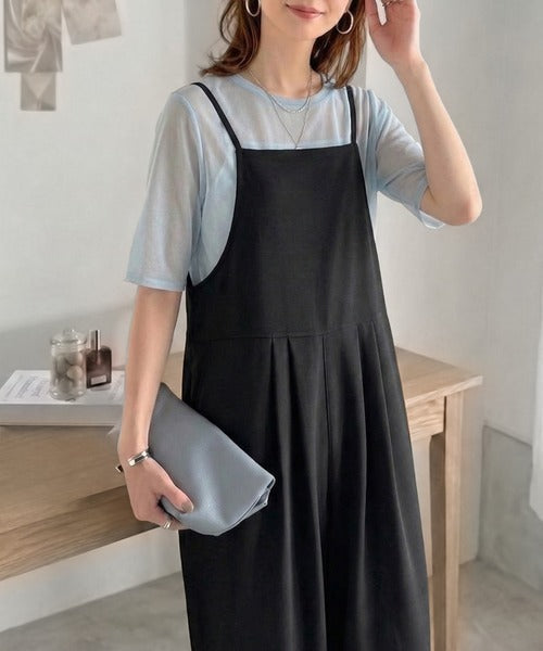 落ち感ワイドでつくる、大人の抜け感。バックリボンサロペットパンツ ce1240122