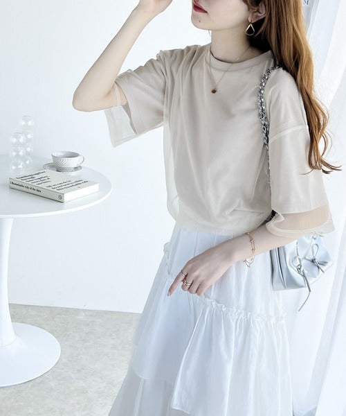 《JaVa ジャバコラボ》1枚でレイヤードが完成。チュールレイヤードバックプリントTシャツ jv1010288