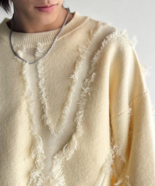 【classical origin】「着るだけで、印象派」。フリンジデザイン配色オーバーサイズニット（長袖）/Fringe design oversized long sleeve knit ao1260444