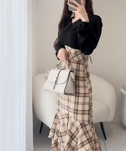 【mily bilet】愛され要素がぎゅっと盛り♪シャツ襟チェックアシメフリルドッキングロングワンピース（長袖） mi1139088