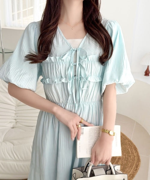 【mily bilet】1枚で華やぐ♪揺れ感シアーフリルリボンプリーツロングワンピース mi1019134
