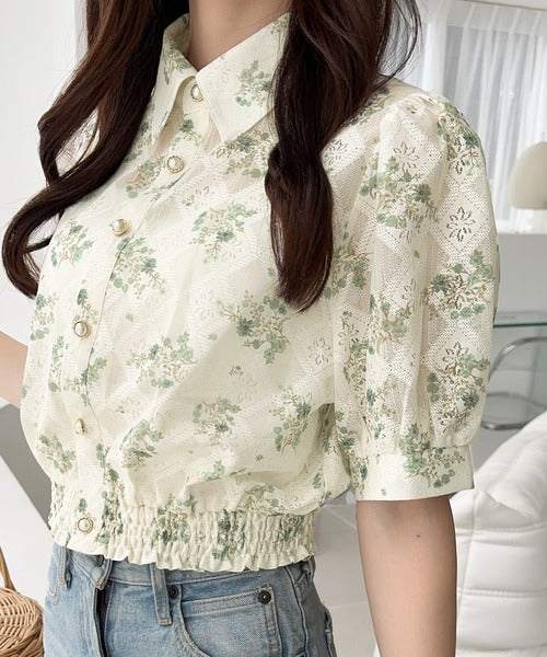 【mily bilet】スタイルアップ効果抜群♪花柄シアーレースショート丈ブラウス mi1139058