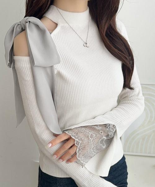 【mily bilet】大人フェミニンの主役トップス。肩シフォンリボン袖レース使いリブニット mi1029170