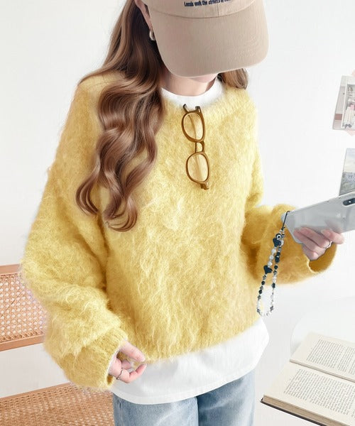 カジュアルに女性らしさをプラス。バルーンスリーブ短丈シャギーニットプルオーバー ce1260221