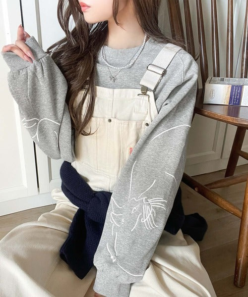 袖に遊び心を忍ばせたラク可愛い一枚♪袖ネコ刺繍裏起毛PO ce1050327