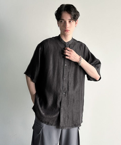 Rayon Denim Band Collar Relaxed Shirt／ヴィンテージ加工ルーズフィットデニムシャツ co1150011