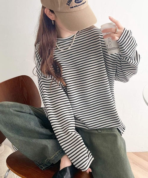 ボーダーブーム再来。ゆるっとサイドスリット長袖ボーダーロンTee ce1020150