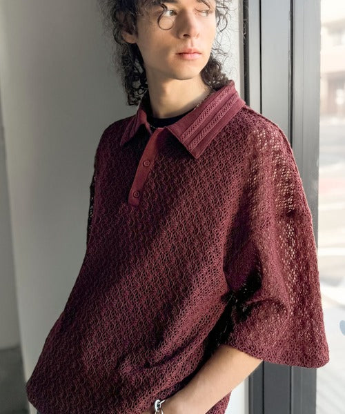 「透け感、モードの余韻。」衿ダブルライン使いレース柄ニットポロシャツ/Lace Detail Knit Polo Shirt co1010010