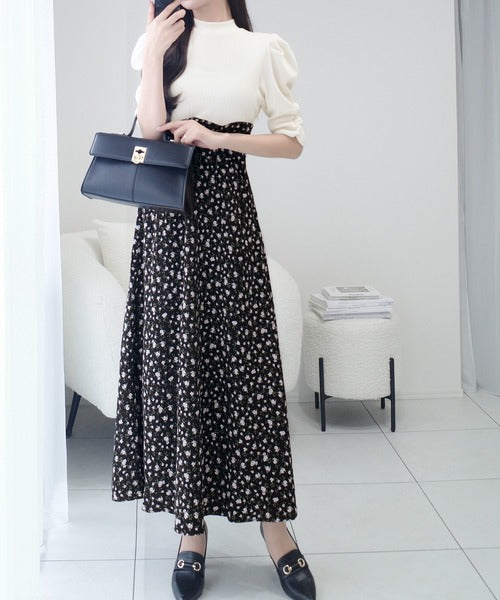 【mily bilet】一枚で主役級フェミニンスタイル。後ろシアーリボン花柄ドッキング袖ギャザーワンピース（ロング丈） mi1139073
