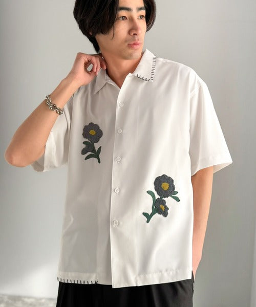 【接触冷感機能付き】サガラ刺繍フラワーステッチシャツ／Cool-Touch Fabric Sagara Embroidered Flower Stitch Shirt (半袖) co1320019