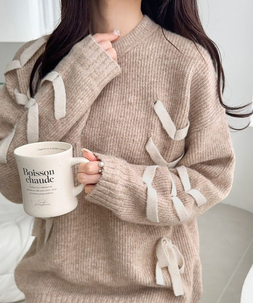 【mily bilet】リボンで魅せる大人ガーリー。リボンデザインミックスニットプルオーバー mi1029144