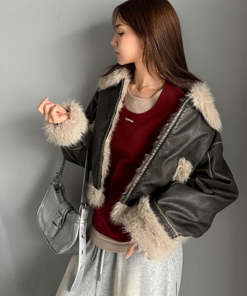 【mily bilet】季節を纏う。ファー使いヴィンテージライク ダメージフェイクレザーライダースジャケット mi1329065