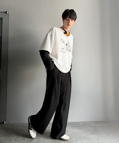 【Classical Origin】幾何学柄ポンチ素材レイヤードTシャツ(長袖)／Geometric Pattern Ponte Layered T-Shirt co1150050