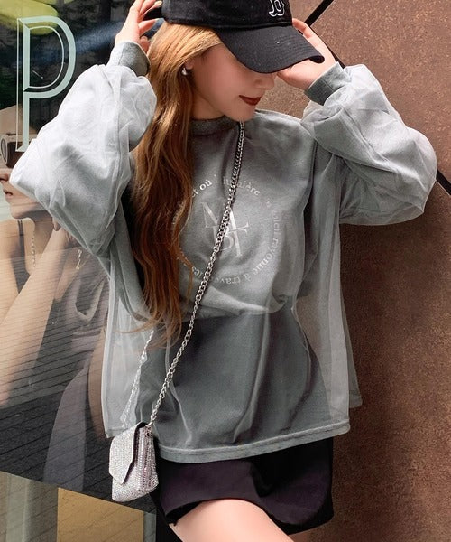【mily bilet】デイリーからお出かけまであらゆるシーンに大活躍！箔プリントチュール重ねロングTシャツ mi1019058